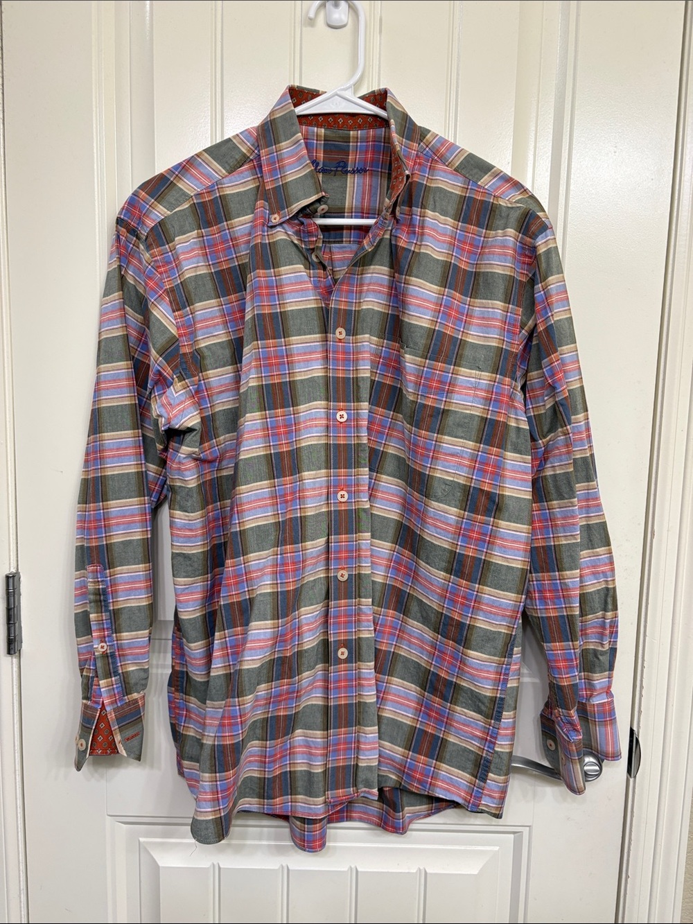 Alan Flusser Olive Plaid Button-Down Shirt with Red and Blue Accents